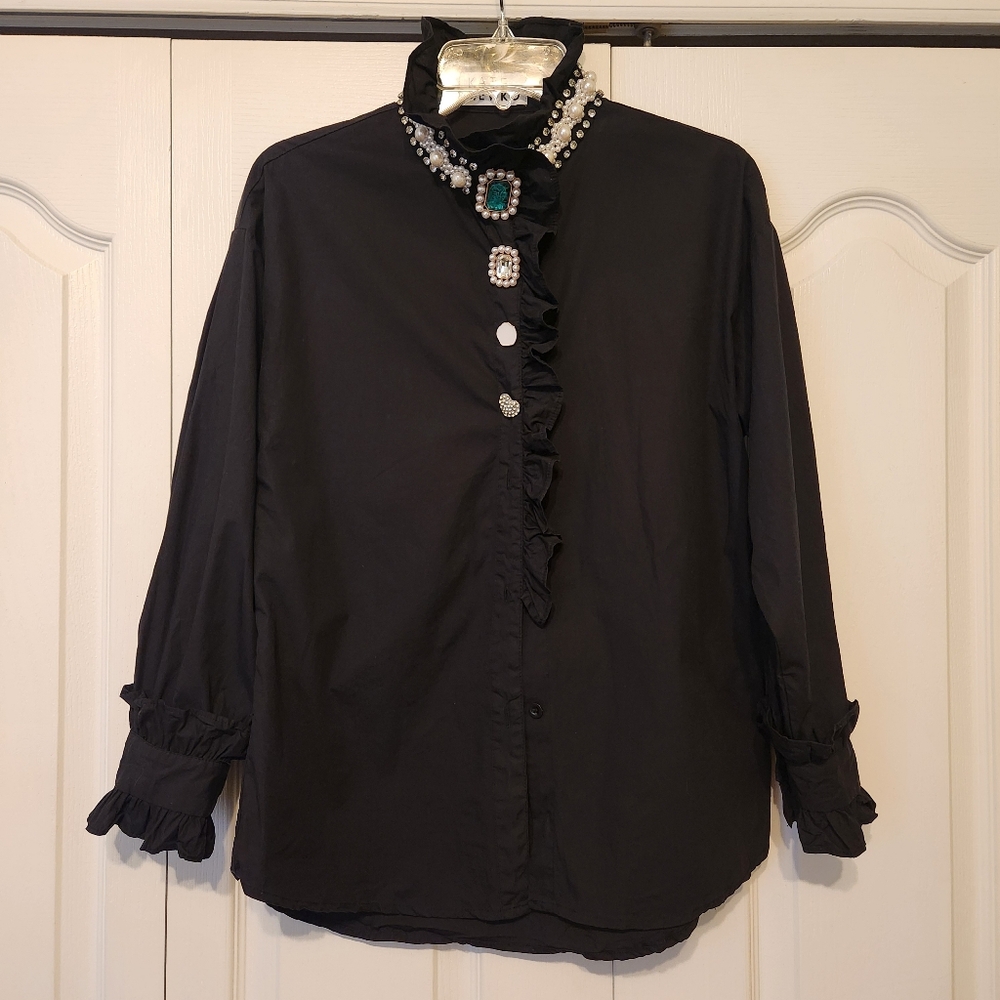 Kate Hewko Embellished Avante Garde Dress Shirt Black Sz S long sleeves cotton